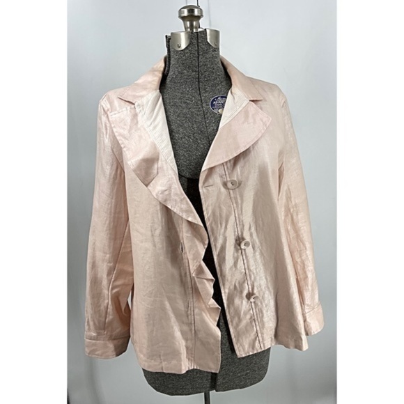 Chicos 100% linen ruffle front button down jacket with pockets 3/L - Picture 12 of 14